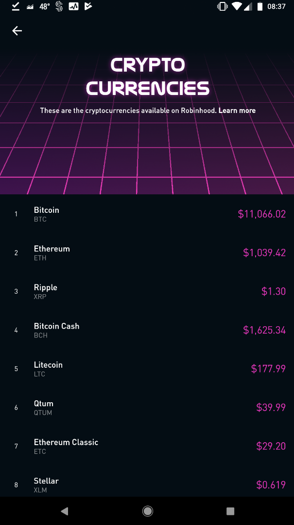 cryptocurrency list robinhood